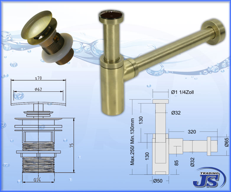 Siphon Geruchsverschluss Pop-Up mit Überlaif Alt Messing Gebürstet