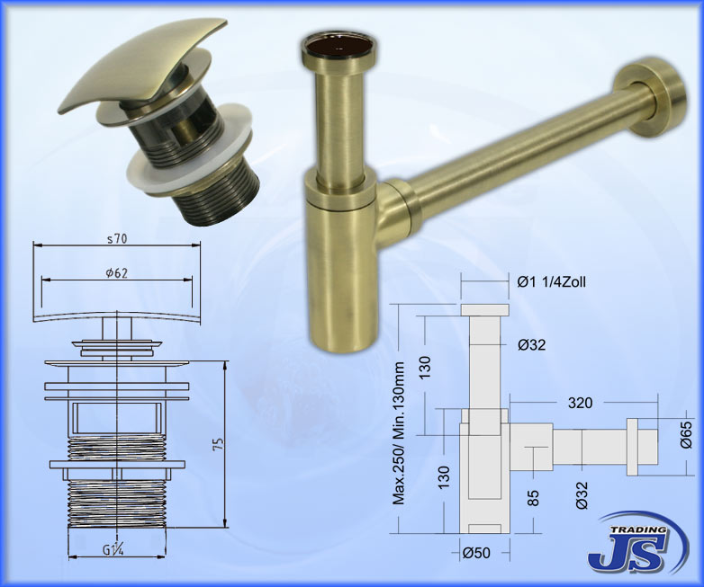 Quad Siphon Geruchsverschluss  Pop-Up mit Überlauf Messing Gebürstet
