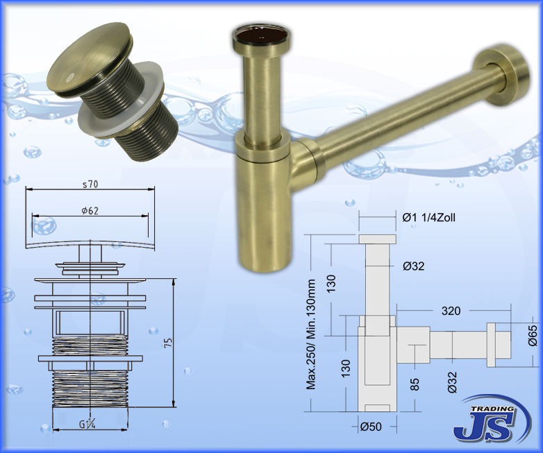 Ablaufgarnitur  Geruchsverschluss  Pop-Up ohne Überlaif Messing Gebürstet