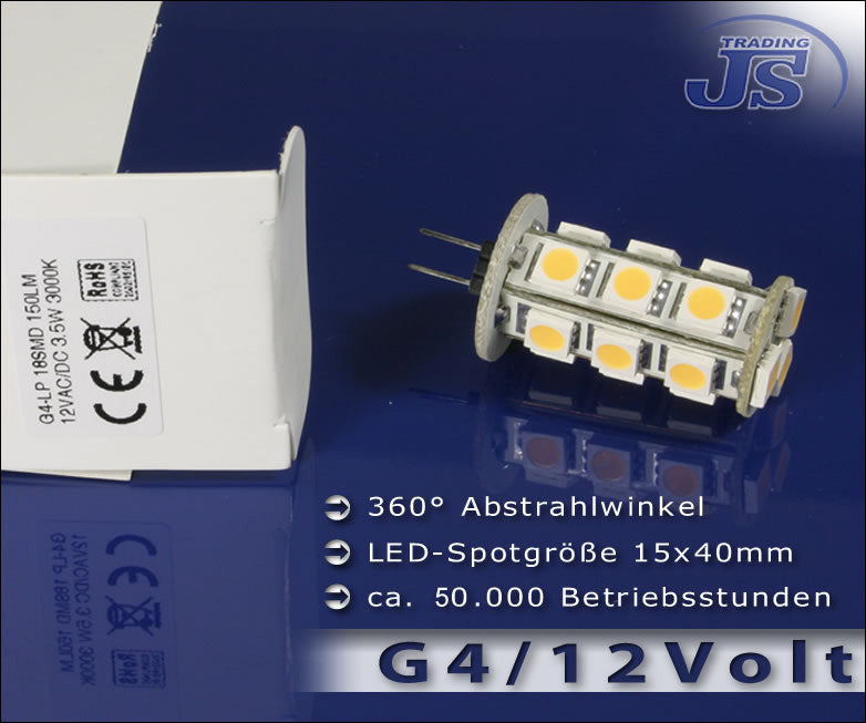 5ST 18 LED G4 Stiftsockel Leuchte Strahler SMD 5050 3chip 12V Energiesparrlampe