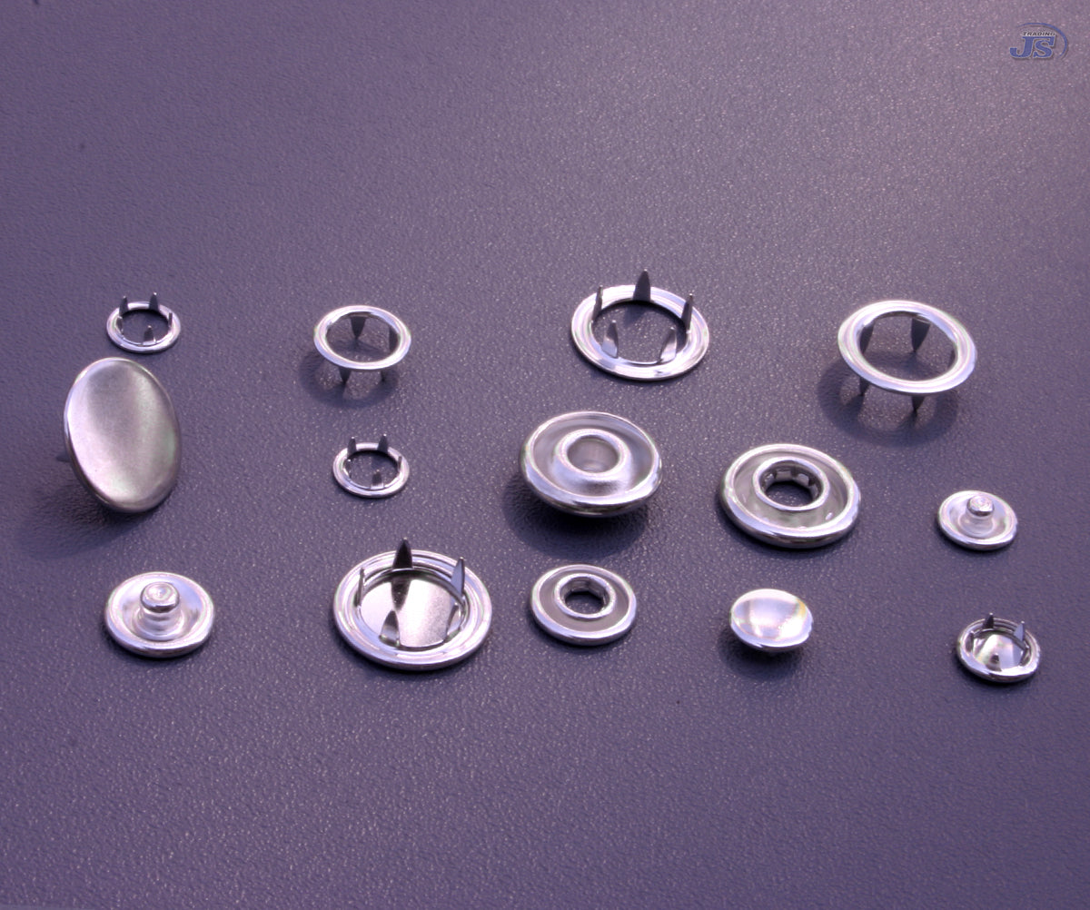 100set Jersey Druckknöpfe 15mm 4xTeilig mit Kappe Messing Silber