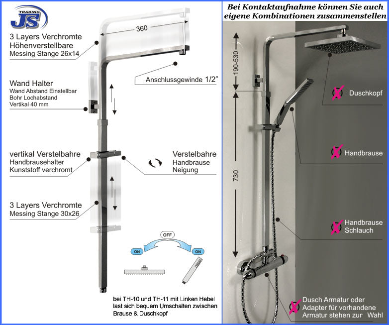 Thermostat Regendusche Duscharmatur Duschstange Duschpaneel Duschkopf