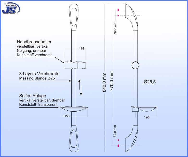 Duschstange mit praktischer Design-Ablage Dusch Brausestange