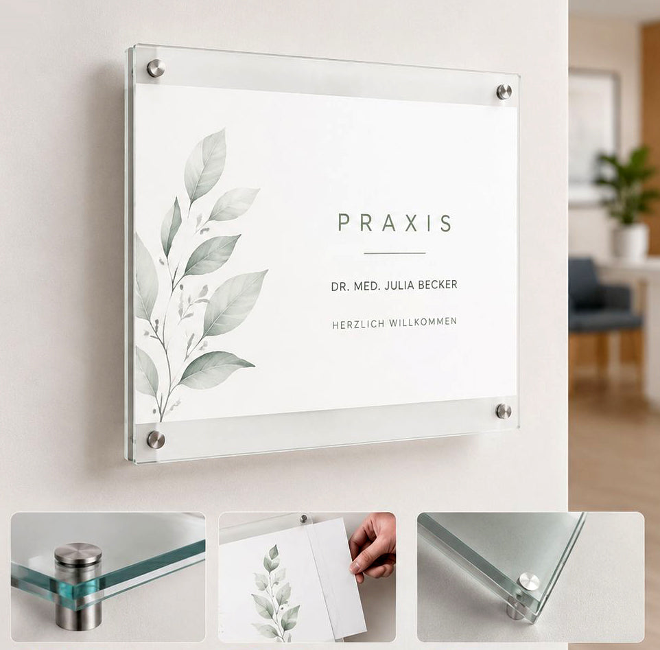 Doppelglas Acryl Schild Praxisschilder Firmenschild für Papiereinlagen