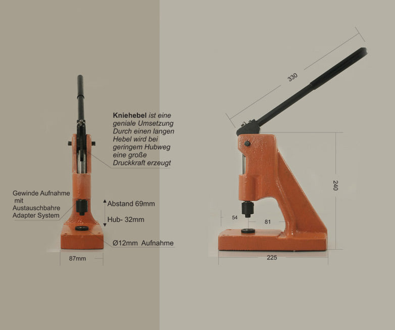 St.Set mit Kniehebelpresse V2A Edelstahl Ösen Werkzeuge 10, 12, 16mm