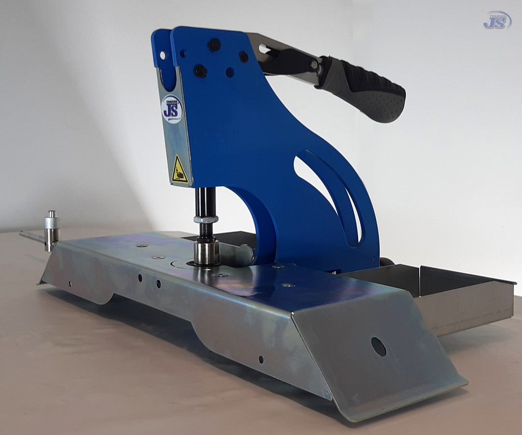 HP-10 Kniehebelpresse Orange Handpresse mit Rolltisch Anschlag in Y