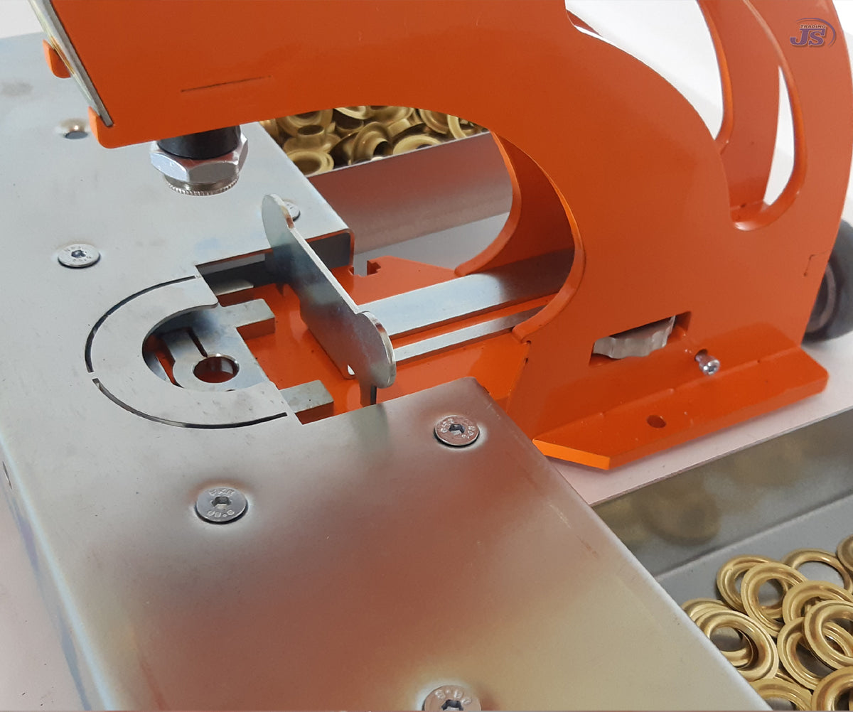 HP-10 Kniehebelpresse Orange Handpresse mit Rolltisch Anschlag in Y