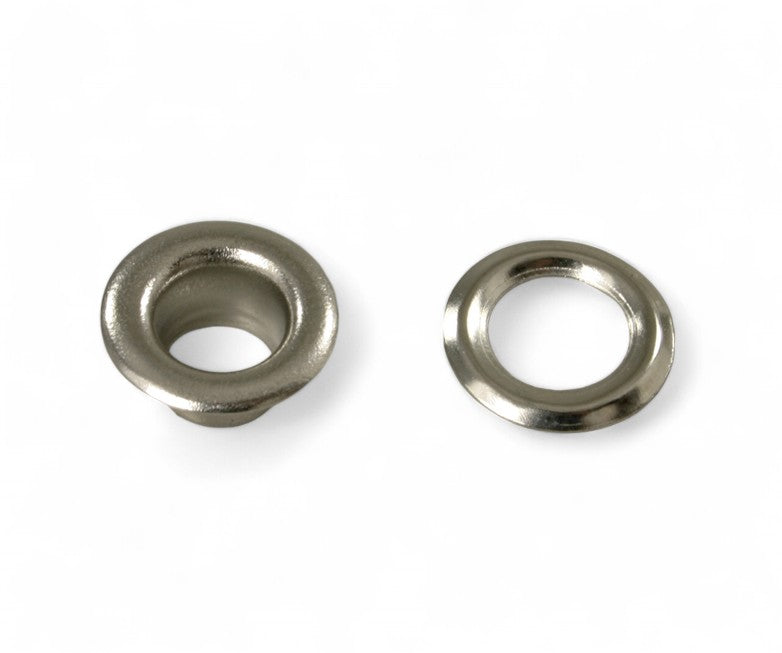 100x Messing Ösen Ø6mm in Silber vernickelt selbstschneidend für Textilgewerbe