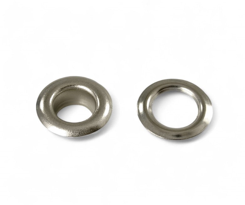 100x Messing Ösen Ø7,9mm in Silber vernickelt, selbstschneidend für Textilien