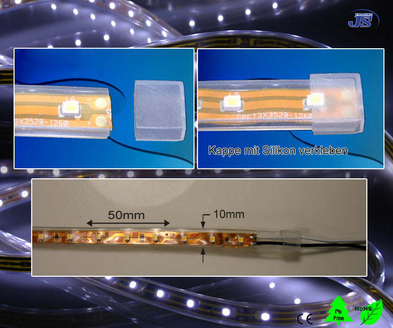 Wasserdichte Silikon SMD-LED Strip 5m x 10mm mit 300 LED Weiß Blau..