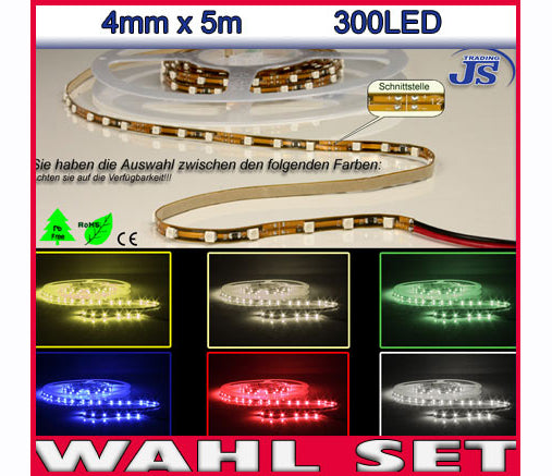 SMD-LED Strip 5m x 4mm mit 300 LED Selbstklebend in verschiedenen Farben