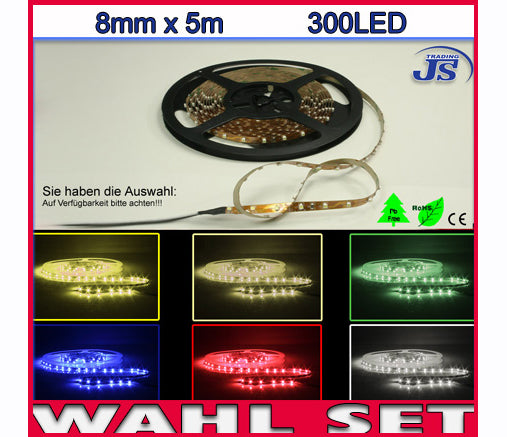 POWER LED Strip 5m x 8mm 72W 300LED SMD-2835 Selbstklebend Weiß oder Warm