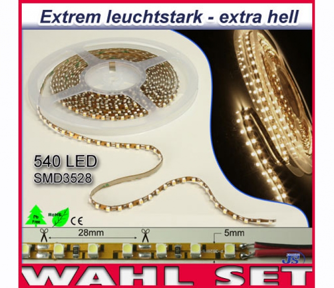 SMD-LED Strip 5m x 5mm mit 540 LED Selbstklebend Weiß oder Warmweiß